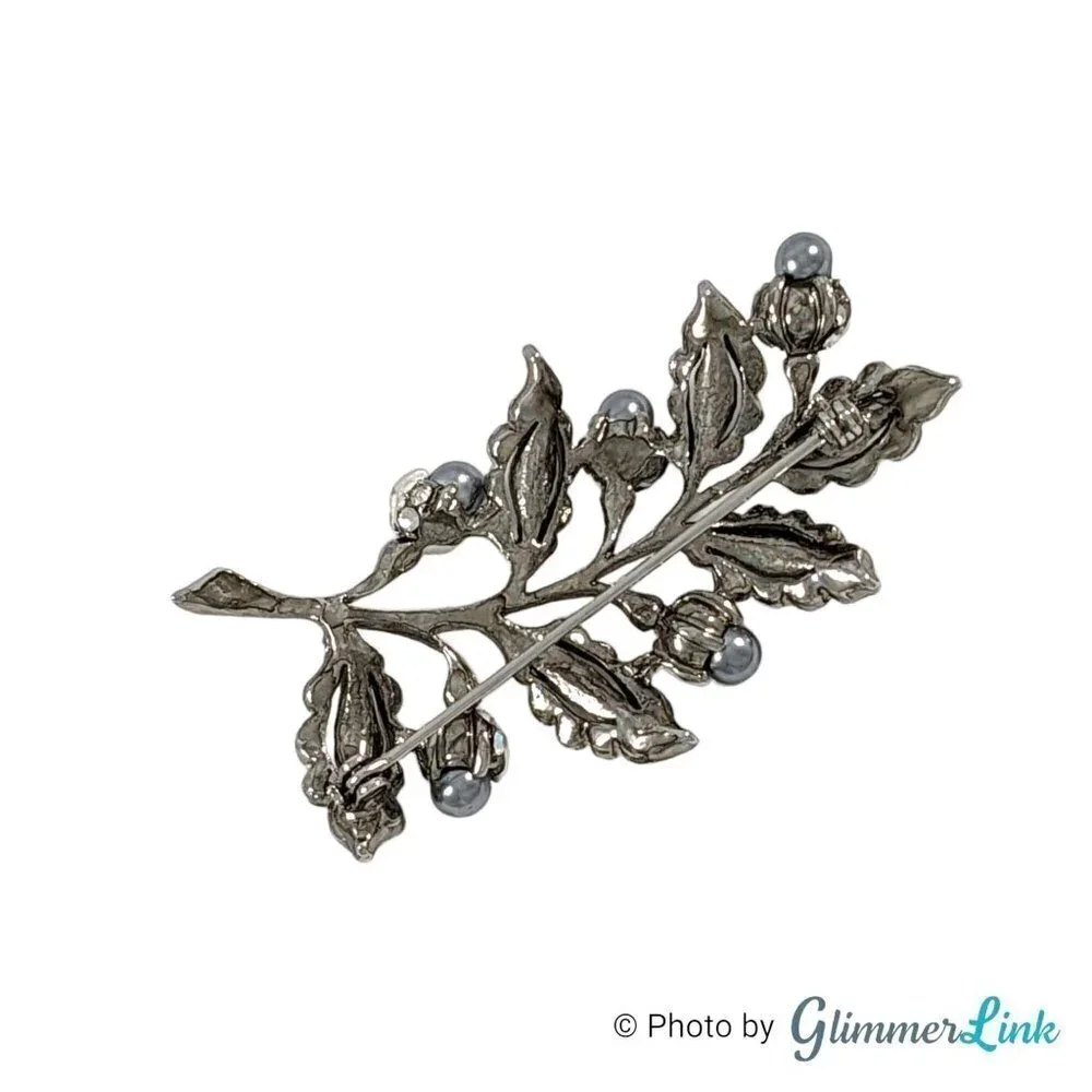 Vintage Two Tone Rhinestone Leaf Faux Pearl Branch Brooch